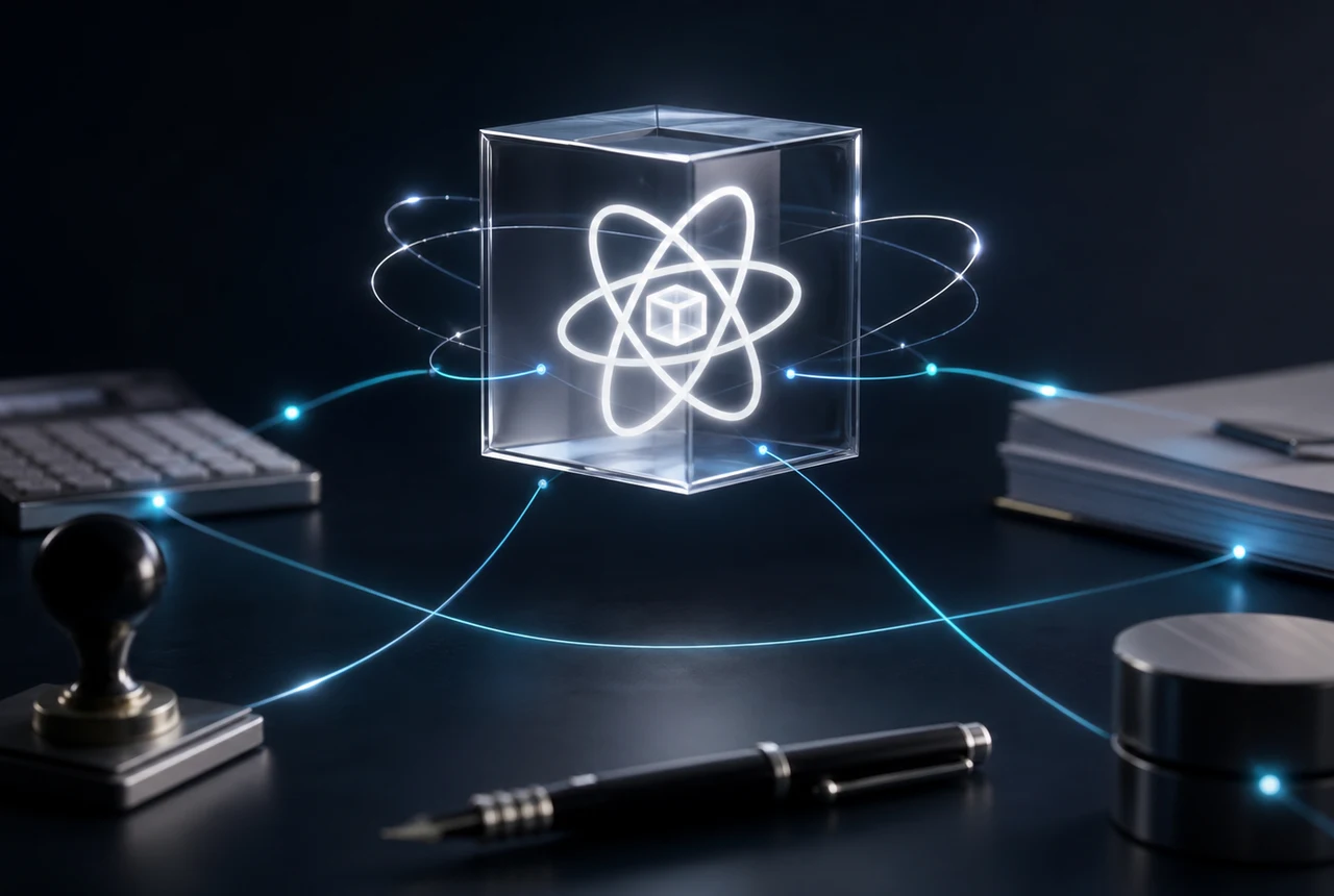 Slicker Markenobjekt mit Atom-Symbol und Würfel in dunkler Premium-Tech-Studio-Szene