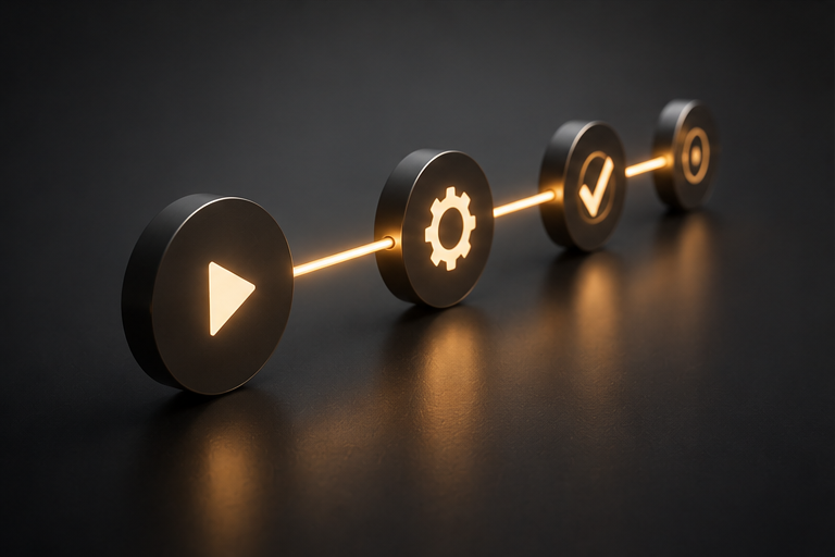 Verbundene dunkle Module mit Start-, Steuerungs- und Freigabesymbolen als Workflow-Kette.