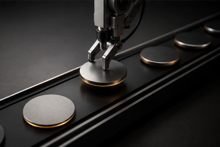 Mechanischer Greifer ueber einer Folge runder Module als Metapher fuer Review-Gates im Workflow.